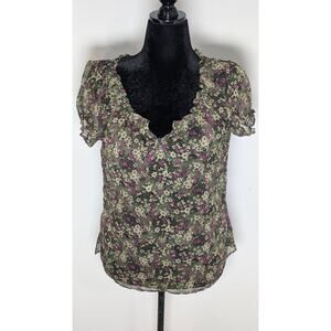 Converse women Floral Purple Brown short sleeve sheer trough Top blouse top sz L